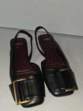 4Sarto Tracy.Black Slingback Square Toe Flats W/ Gold Buckle Sz 6.5